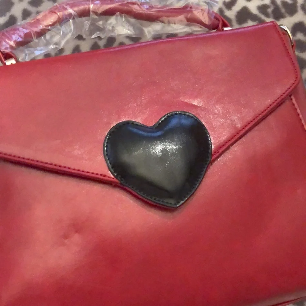 Pink Haley Red Faux Leather Satchel Bag Purse Crossbody Black Heart
